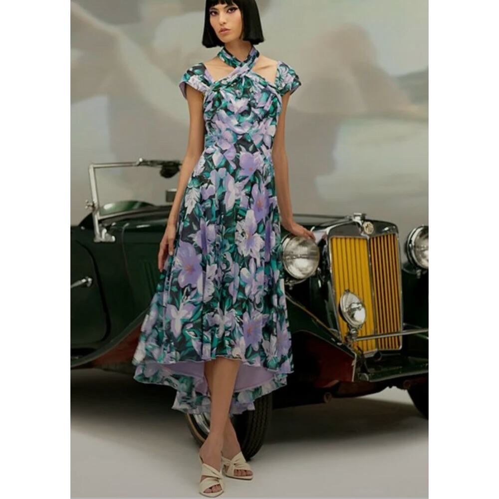 Tadashi Shoji Lavender Floral Halter Neck Hi-Low Midi Dress 8